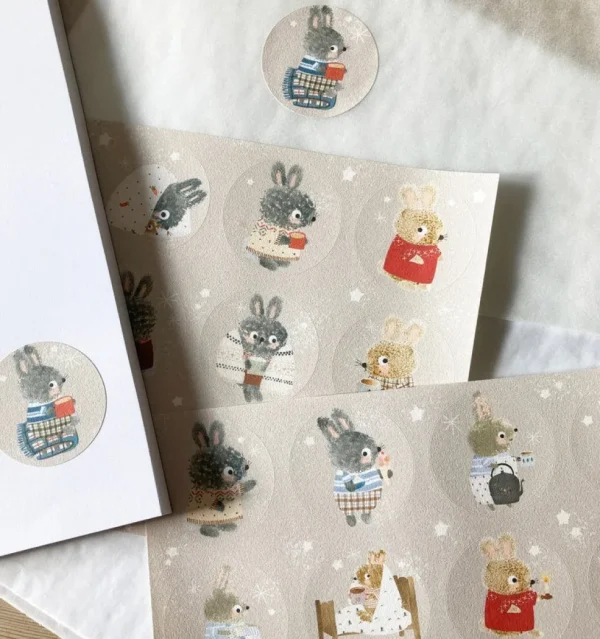 Handmade Paper Stickers - Cosy Bunnies