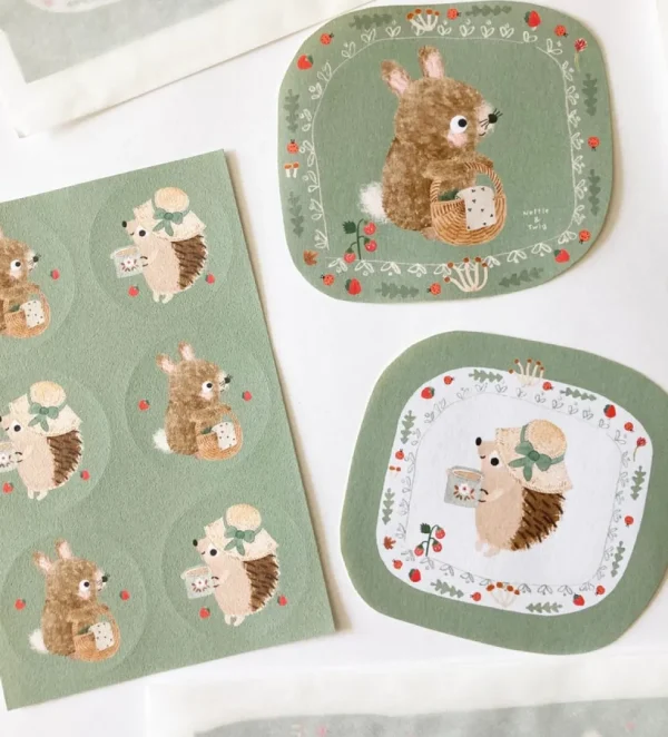 Handmade Paper Stickers - Hedgehog & Bunny