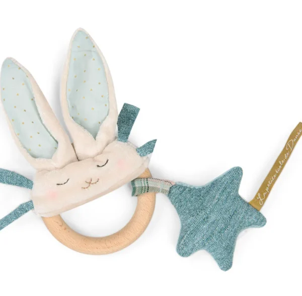 Moulin Roty wooden ring rattle - blue & cream rabbit