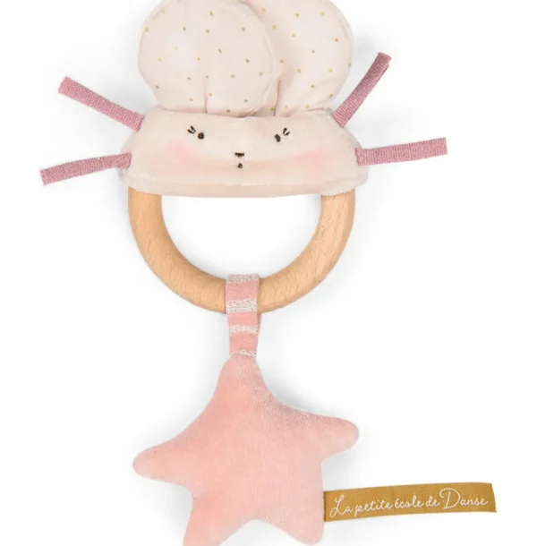 Moulin Roty wooden ring rattle - pink & cream mouse