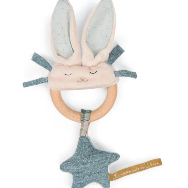 Moulin Roty wooden ring rattle - blue & cream rabbit