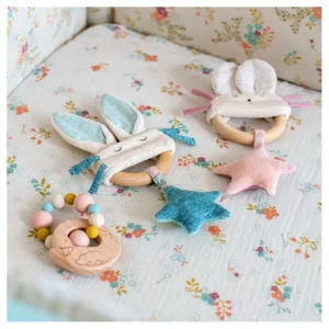 Moulin Roty wooden ring rattle - blue & cream rabbit