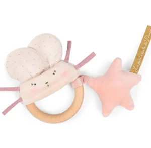 Moulin Roty wooden ring rattle - pink & cream mouse