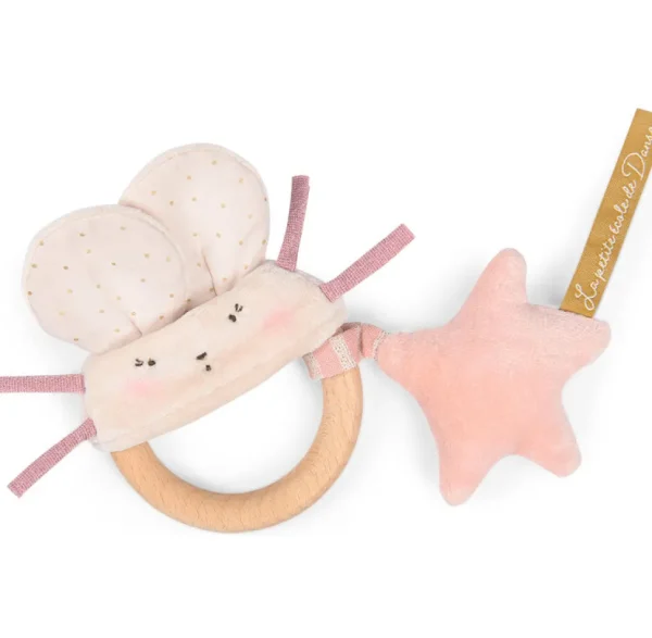 Moulin Roty wooden ring rattle - pink & cream mouse