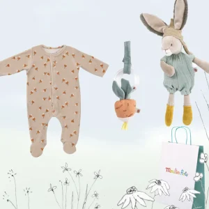 New Baby Gift-wrapped Set - sleep suit, rabbit & radish