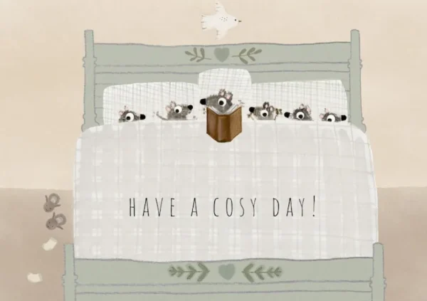 Postcard & Envelope - Mouse Family in Bed / Cosy Day